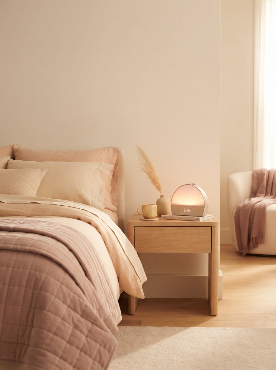 Restore Smart Sleep Companion emitting a soft sunrise glow on a bedside table in a serene, warm-toned bedroom.